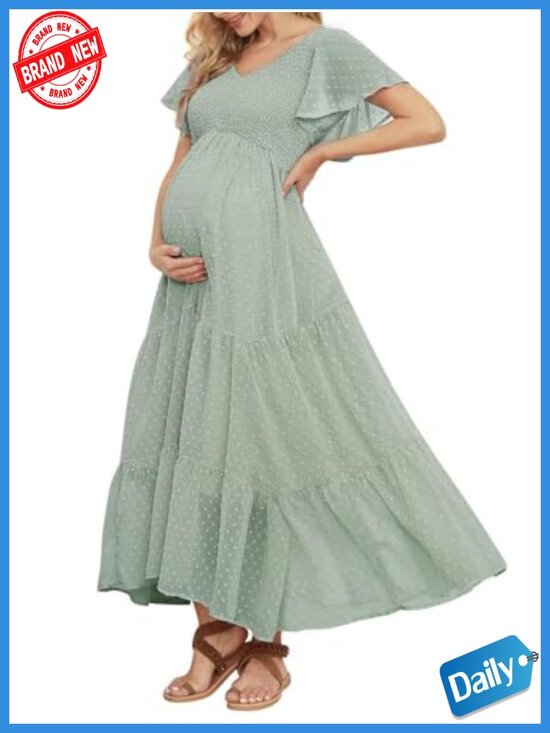 Dresses & Skirts - Swiss Dot Maternity Maxi Dress Smocked V-Neck Ruffle Sleeves Photoshoot